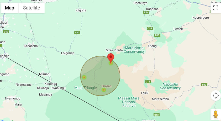 Map showing flying grounds of Governors' Balloon safaris in masai mara